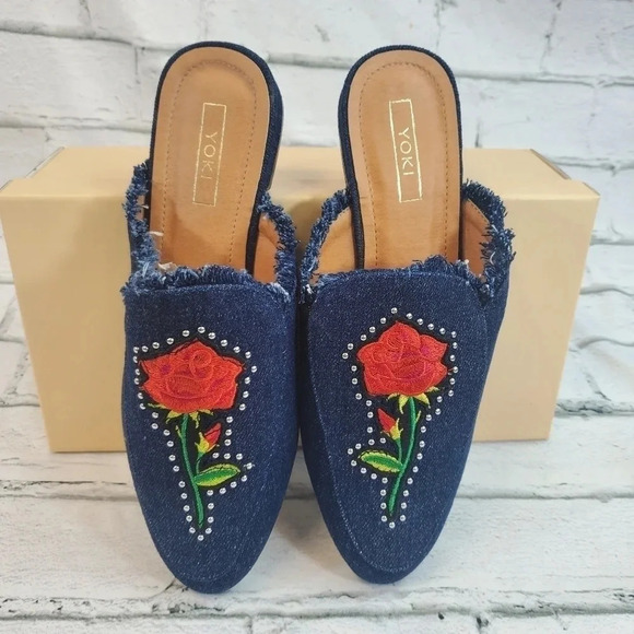 YOKI Willas 71 DARK DENIM Low Heal Slip On Embroidery Rose Beauty Beast Shoes - Picture 4 of 14